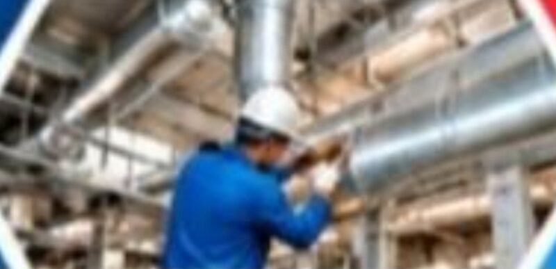 Technician working on industrial ducting in a plant room