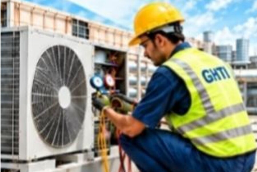 GHTI trained technician servicing an outdoor condensing unit on a commercial rooftop
